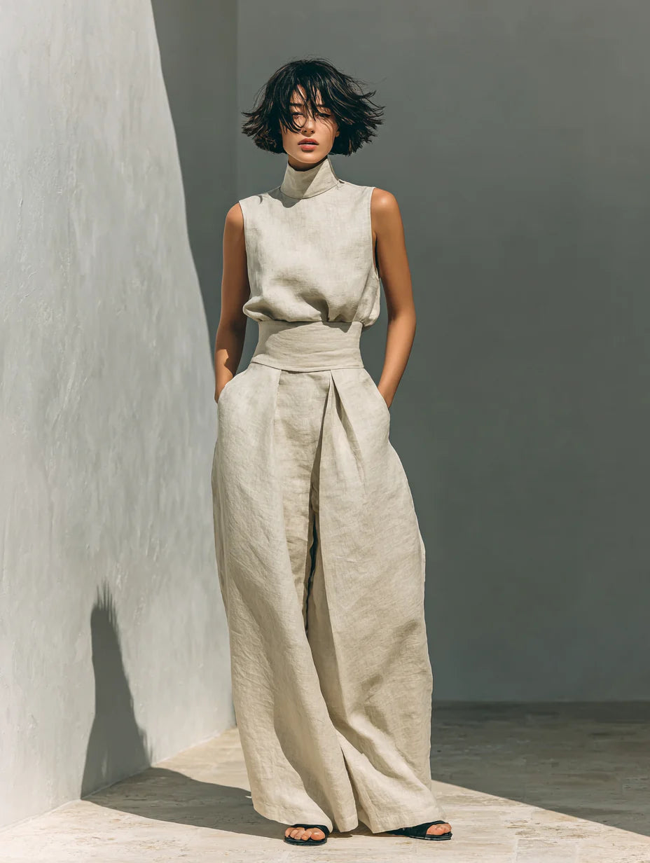 Conjunto de blusa sin mangas y pantalones anchos de algodón y lino minimalista para mujer