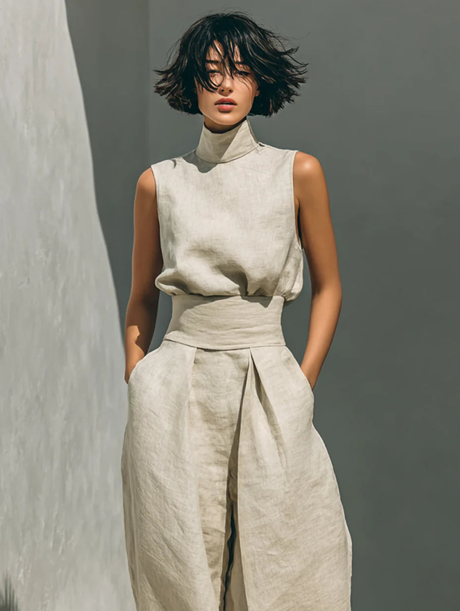 Conjunto de blusa sin mangas y pantalones anchos de algodón y lino minimalista para mujer