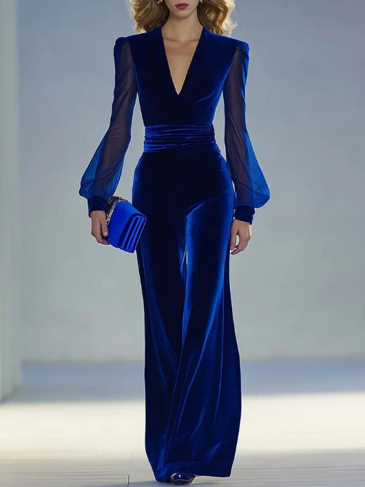 Sabrina | Mono largo de terciopelo real con escote en V y mangas largas de rejilla, elegante y retro.