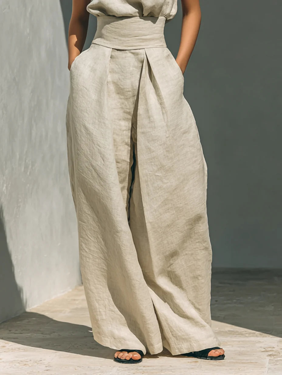 Conjunto de blusa sin mangas y pantalones anchos de algodón y lino minimalista para mujer