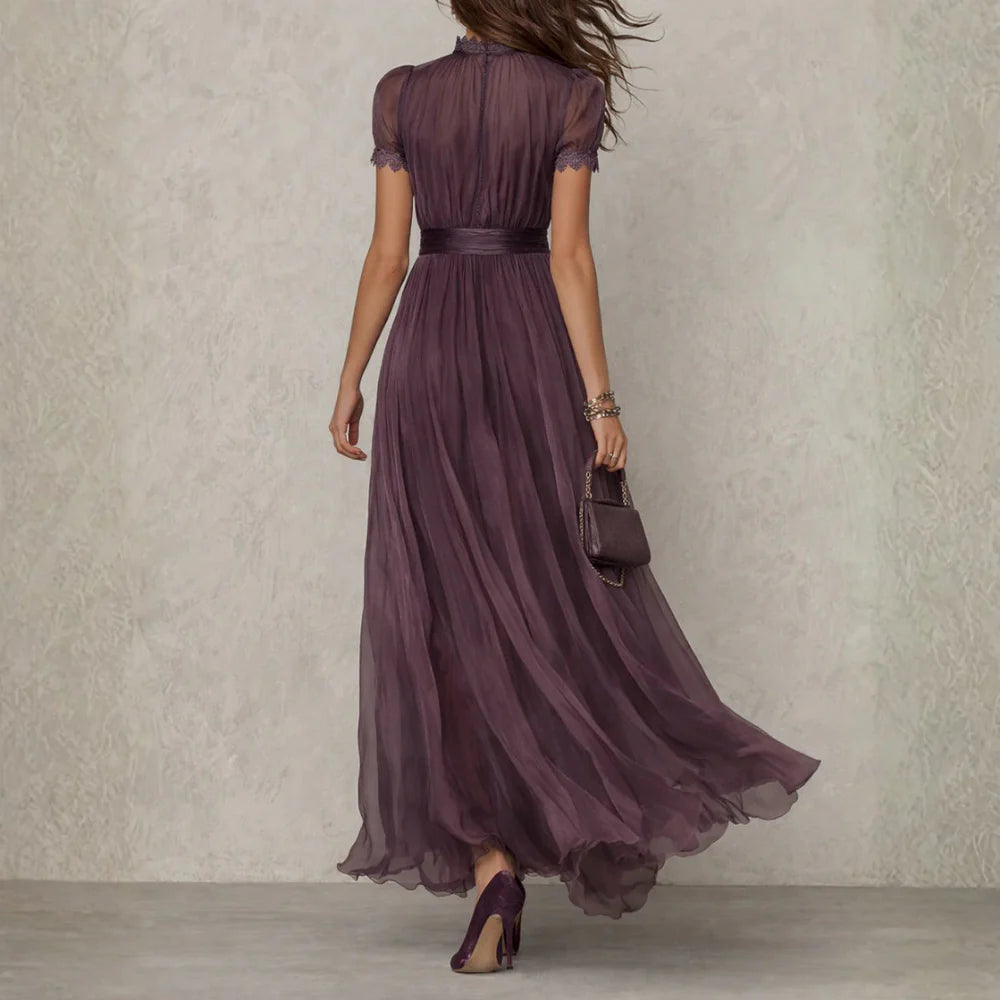 Vivienne | Vestido largo de gasa con ribete de encaje