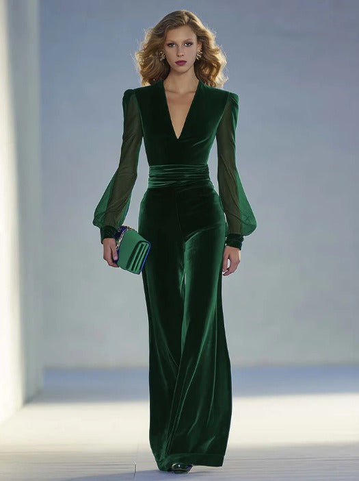 Sabrina | Mono largo de terciopelo real con escote en V y mangas largas de rejilla, elegante y retro.