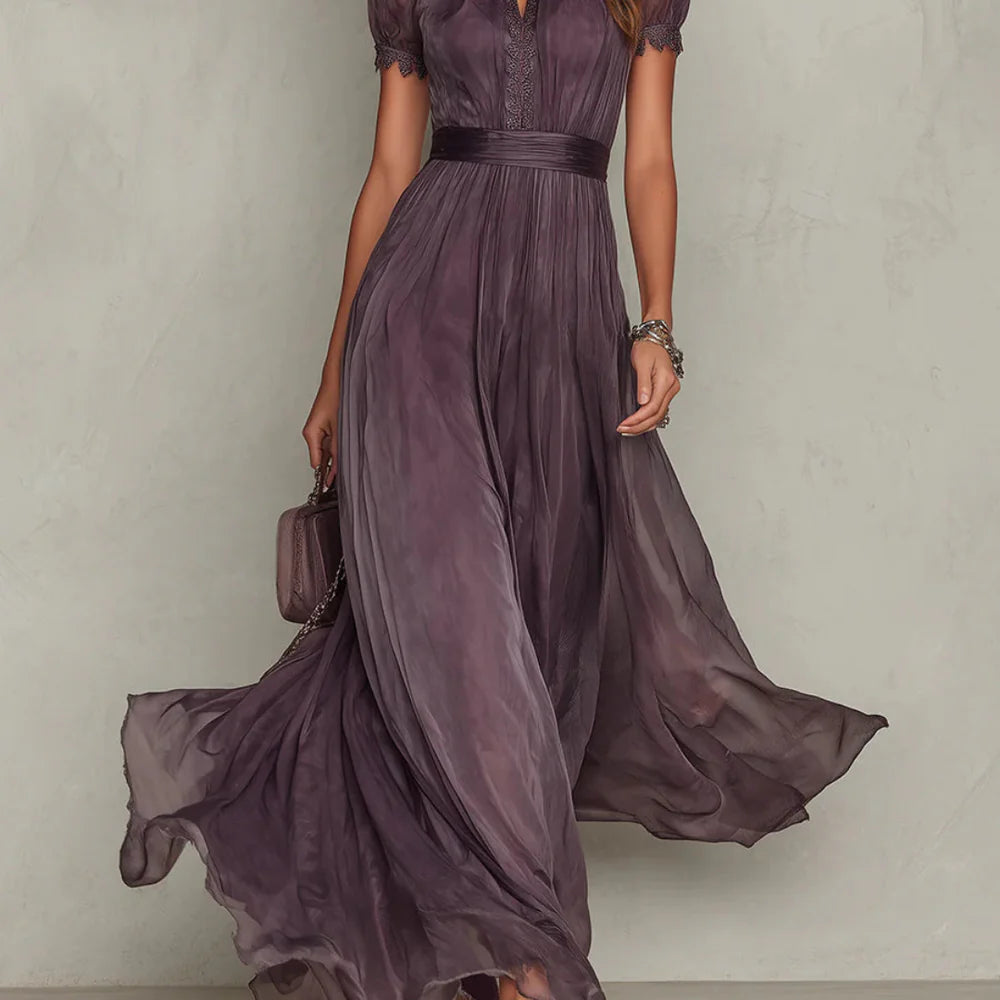 Vivienne | Vestido largo de gasa con ribete de encaje