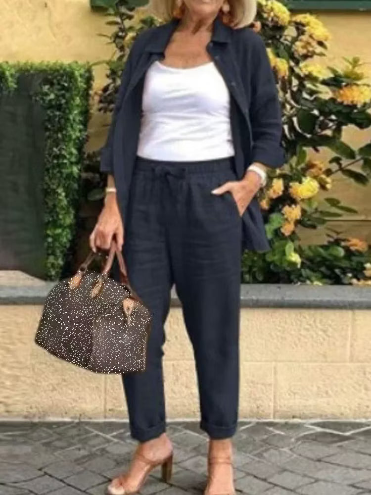 Traje casual de mujer de algodón y lino liso