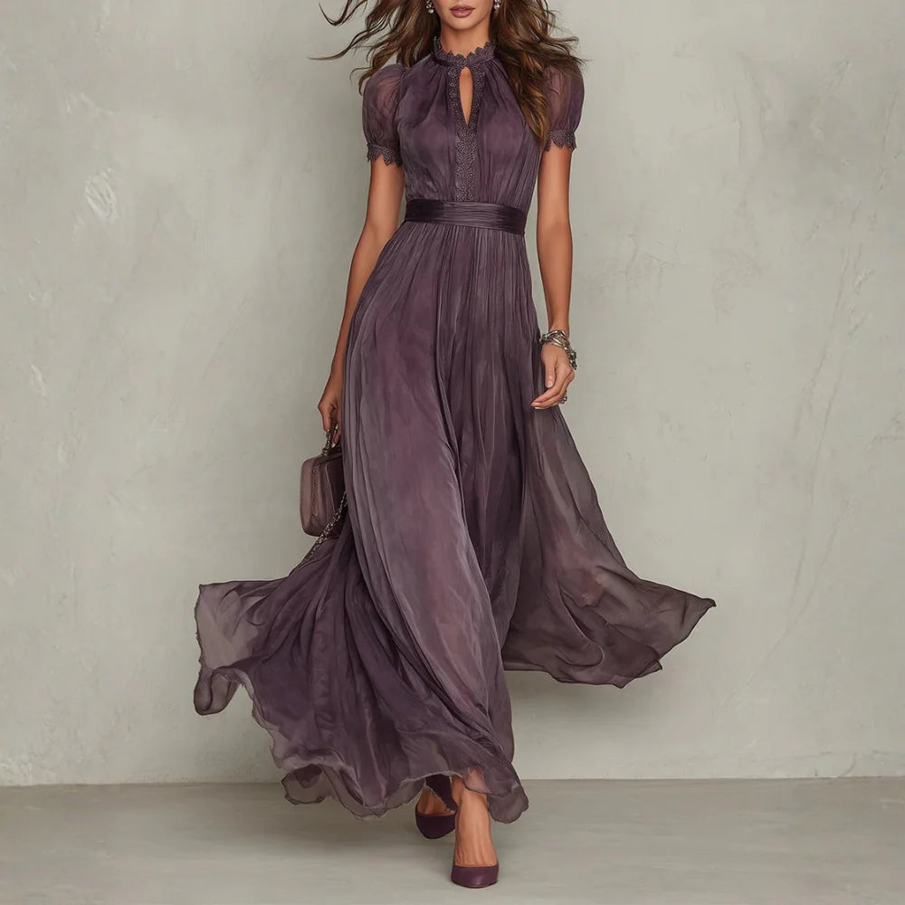 Vivienne | Vestido largo de gasa con ribete de encaje