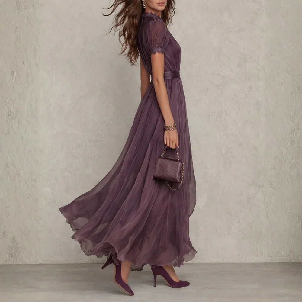 Vivienne | Vestido largo de gasa con ribete de encaje