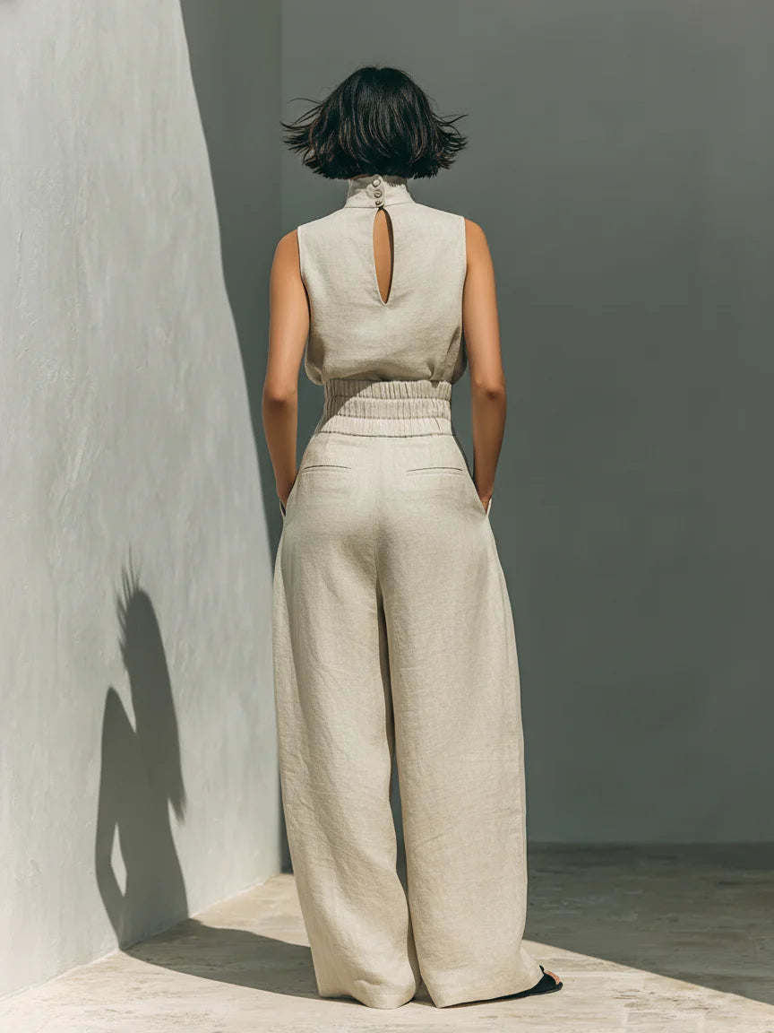 Conjunto de blusa sin mangas y pantalones anchos de algodón y lino minimalista para mujer