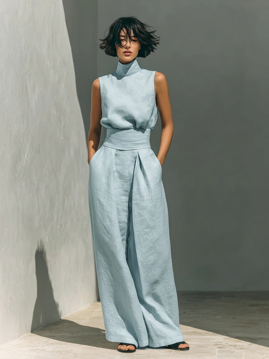 Conjunto de blusa sin mangas y pantalones anchos de algodón y lino minimalista para mujer