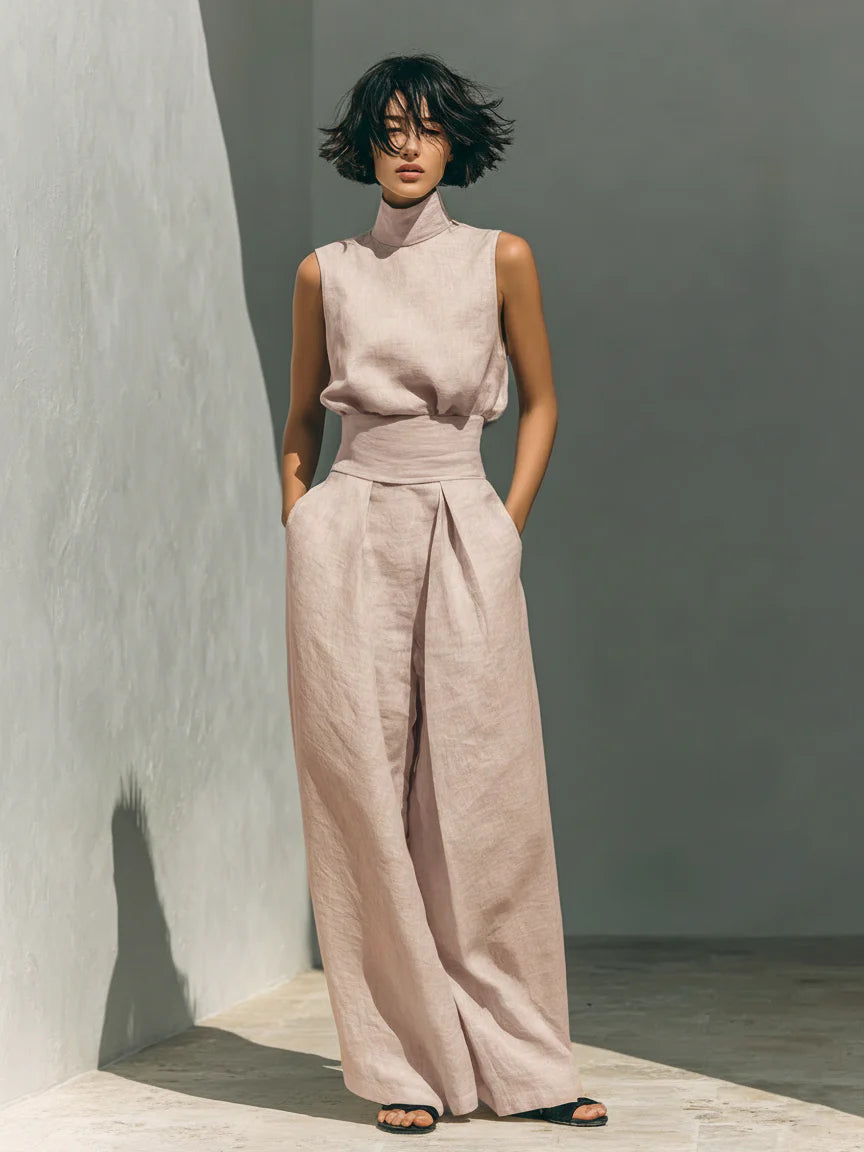 Conjunto de blusa sin mangas y pantalones anchos de algodón y lino minimalista para mujer