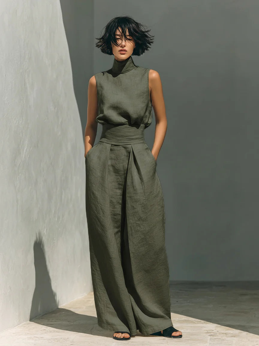 Conjunto de blusa sin mangas y pantalones anchos de algodón y lino minimalista para mujer