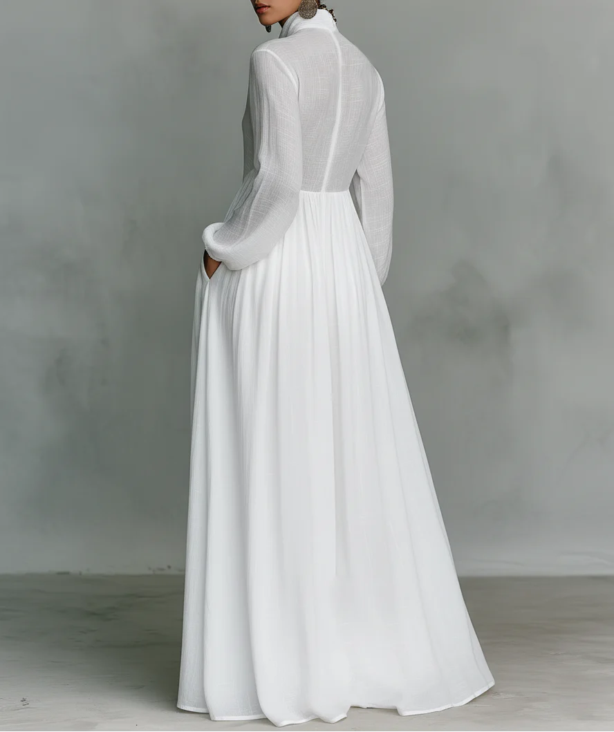 Elisa | Maxi minimalista de algodón y lino con patchwork, cuello alto y mangas largas