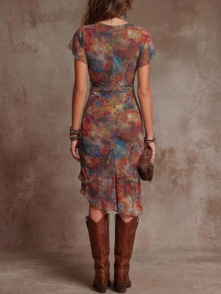 Vestido midi plisado con escote en V y estampado abstracto bohemio