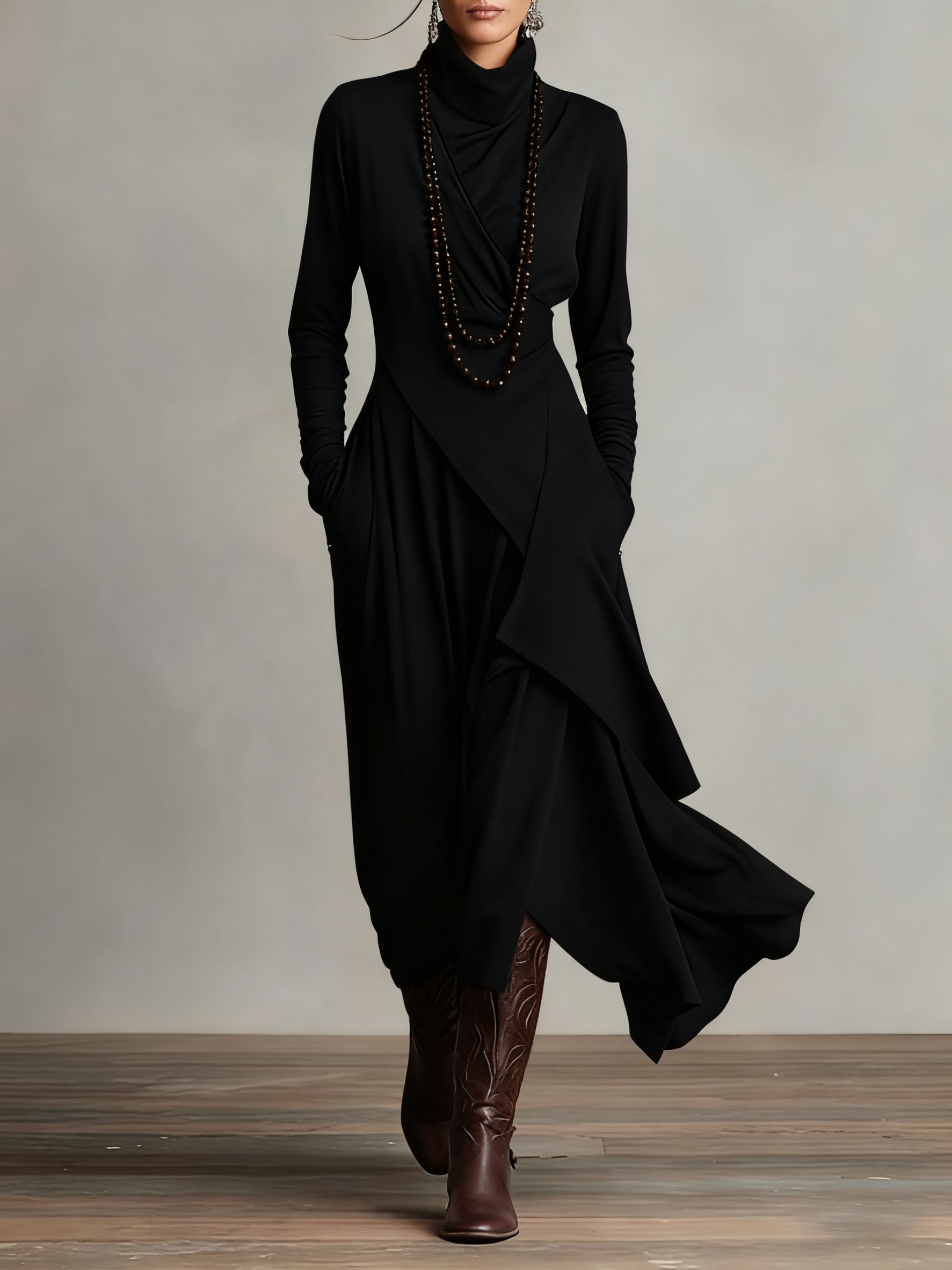 Sandra | Vestido largo plisado asimétrico con cuello alto morado