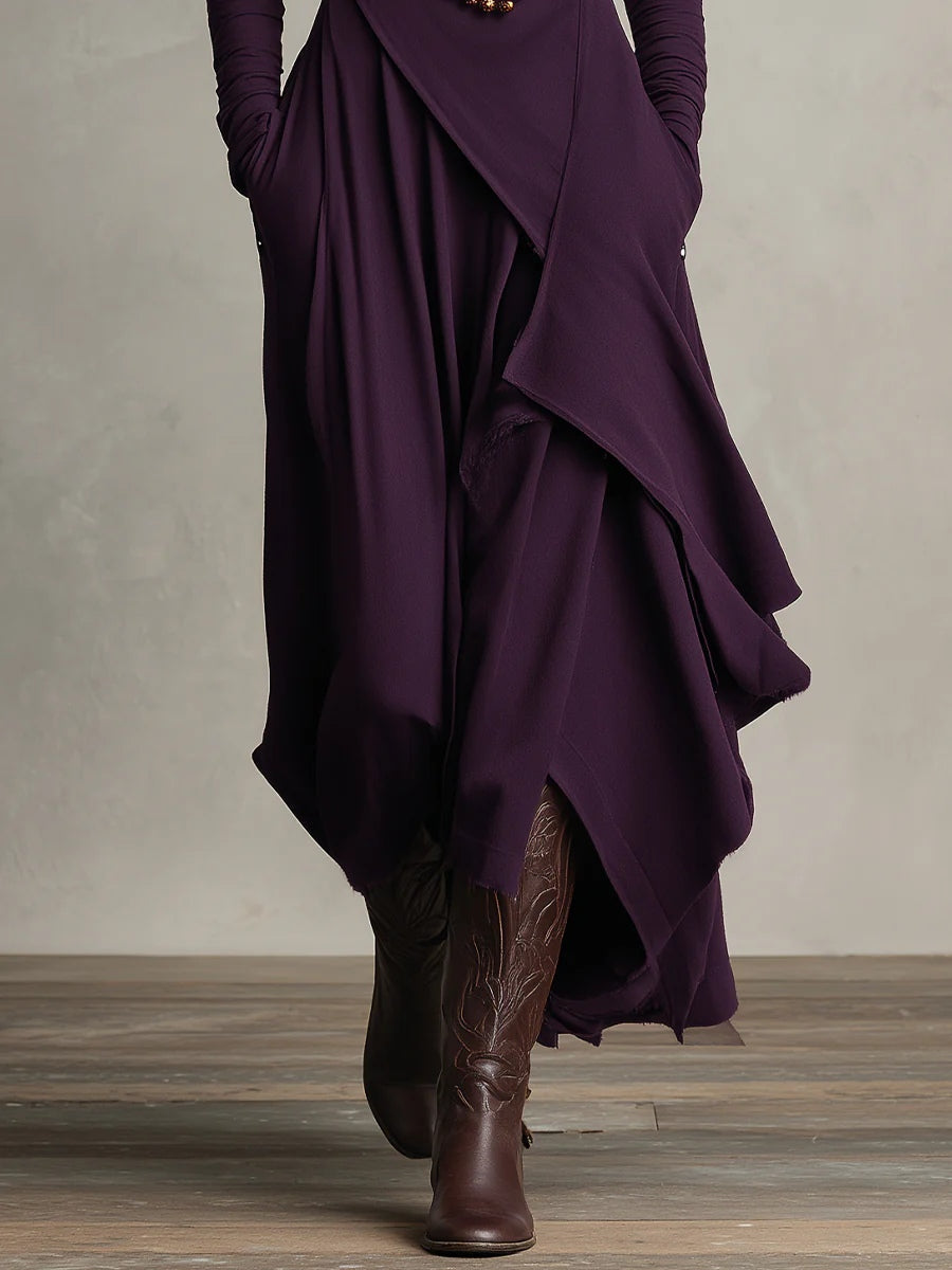 Sandra | Vestido largo plisado asimétrico con cuello alto morado