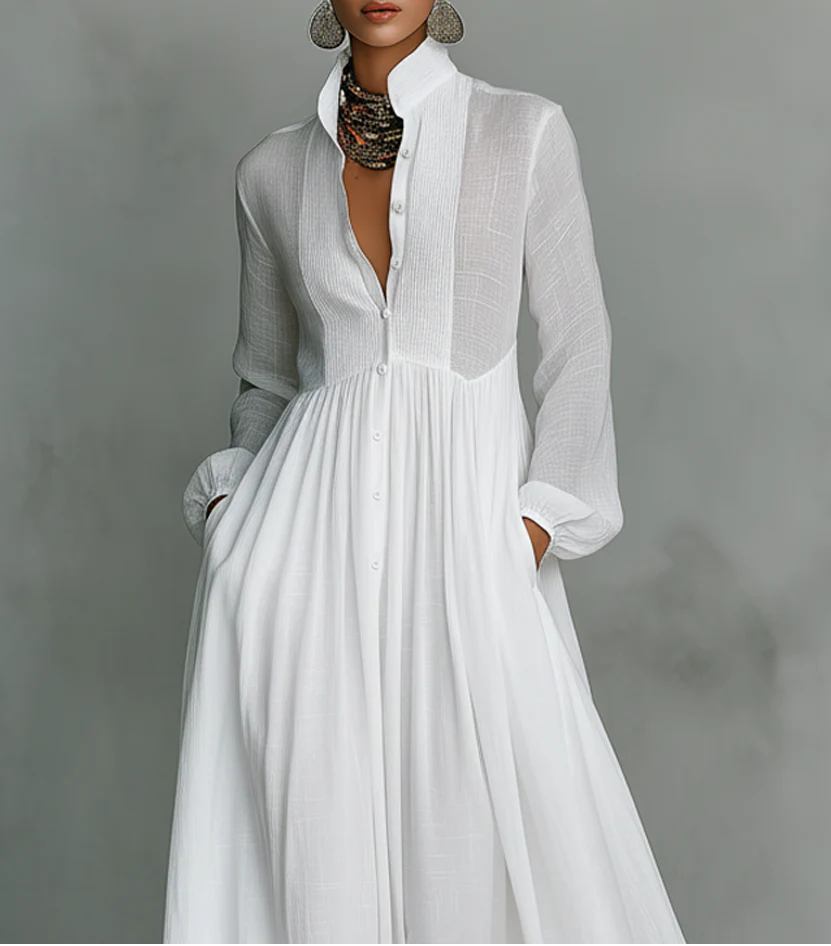 Elisa | Maxi minimalista de algodón y lino con patchwork, cuello alto y mangas largas