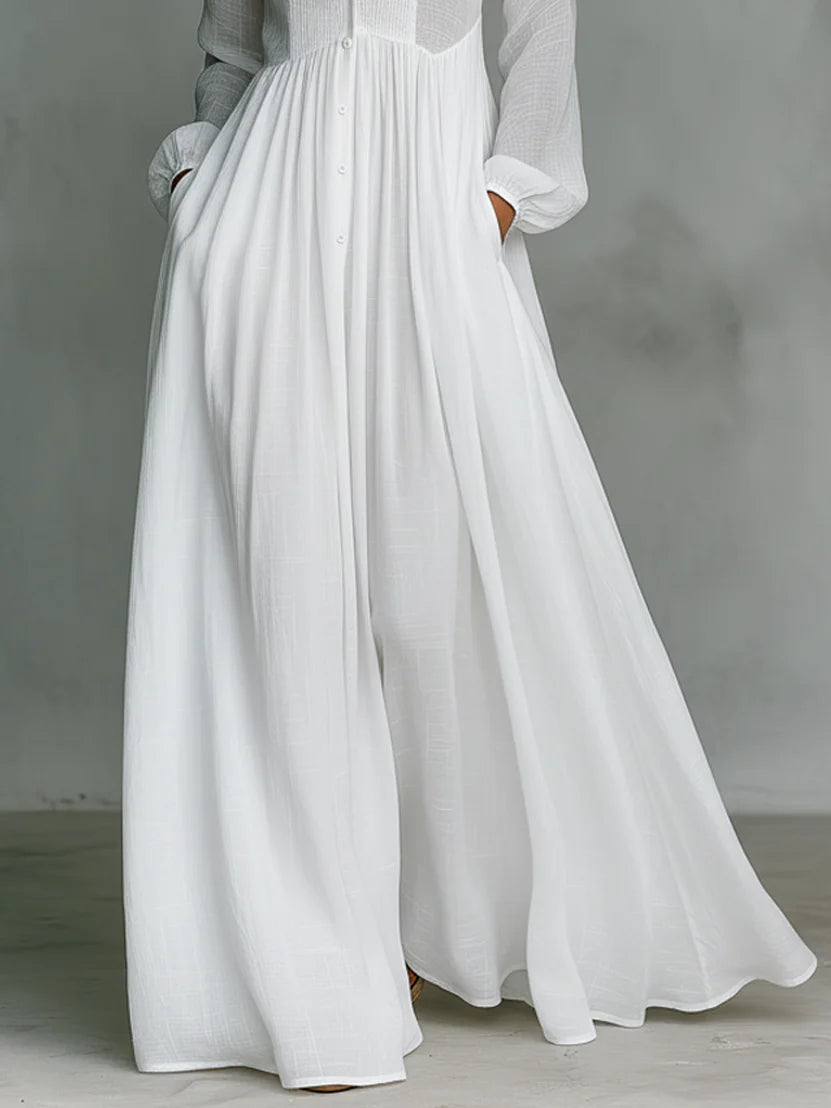 Elisa | Maxi minimalista de algodón y lino con patchwork, cuello alto y mangas largas