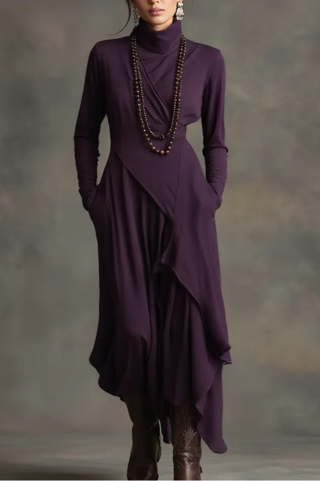 Sandra | Vestido largo plisado asimétrico con cuello alto morado